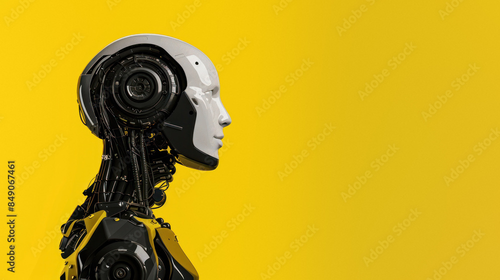 Poster robot back view with circular elements on yellow