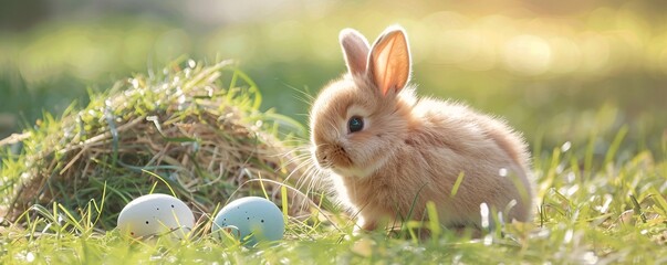 Charming easter bunny rests in the grass next to a hay nest and vibrant easter eggs - Powered by Adobe