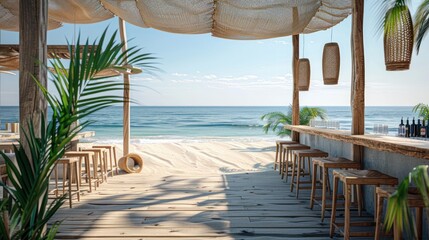 render from imagine summer beach bar in the sand with the sea view from bar