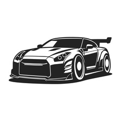 Outline drawing of fast car, sport car from side and front view. Sport car vector black line illustration isolated white background.