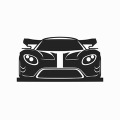  Outline drawing of fast car, sport car from side and front view. Sport car vector black line illustration isolated white background.