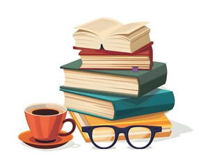 Fototapeta premium Pile of books with a coffee cup and glasses illustration on a white background, with a simple design, flat colors, no shadows, and high resolution as a vector graphic isolated on the white 