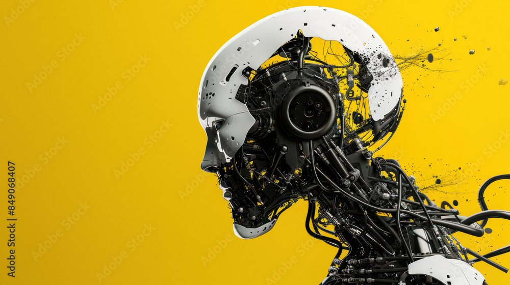 Poster exploding robot head with dynamic splatter effect