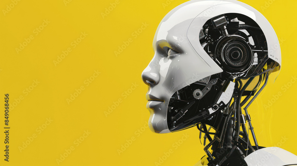 Poster robot head with dynamic yellow background