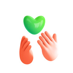 3d hands hold or give green heart. Arm and fly heart icon. Concept donate, love, health, charity,help, insurance. Volunteering.3d vector illustration