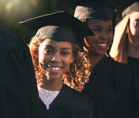 Celebration, graduation and portrait of student black woman outdoor on campus with friends for...
