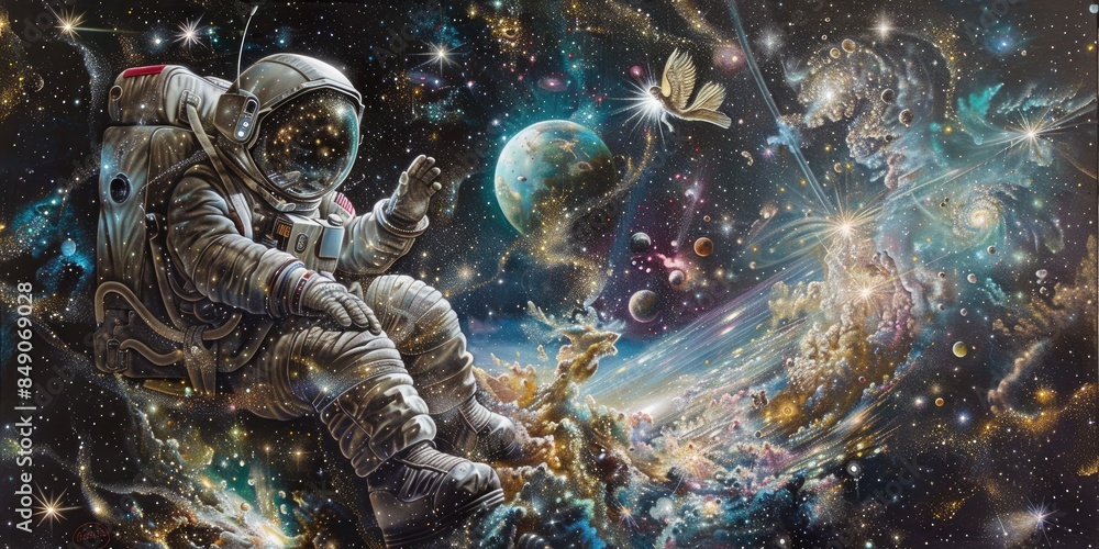 Poster astronaut floating in starry deep space