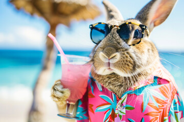 Playful rabbit sipping pink cocktail