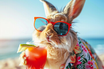 Rabbit with tropical cocktail by the sea