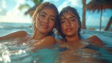 Two Asian girlfriends swim in the pool with cocktails near palm trees and sky