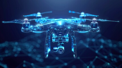 Drone flying with action video camera on dark blue background