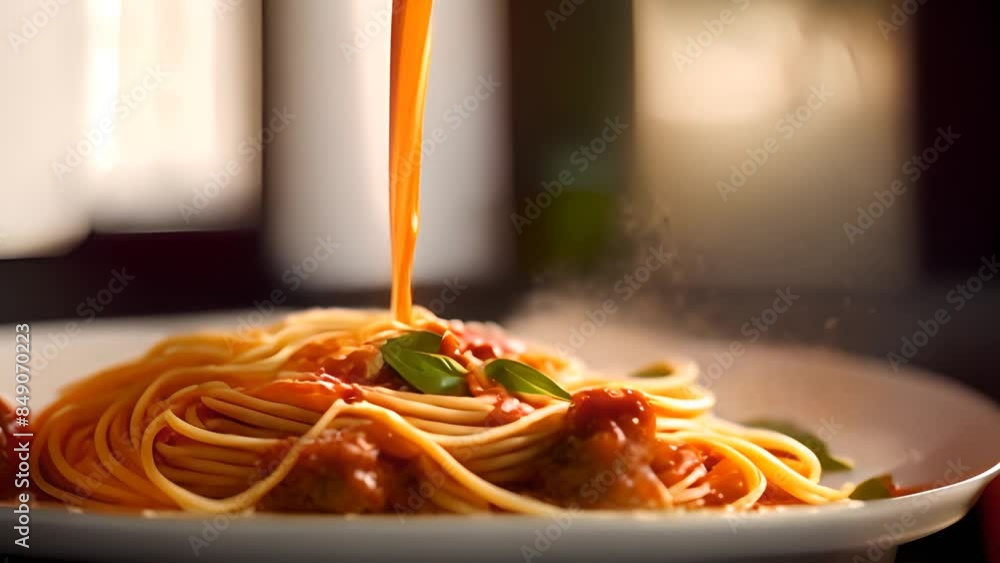 Poster spaghetti with tomato sauce and basil generative ai