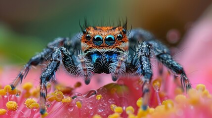 Vibrant Jumping Spider on a Delicate Pink Flower