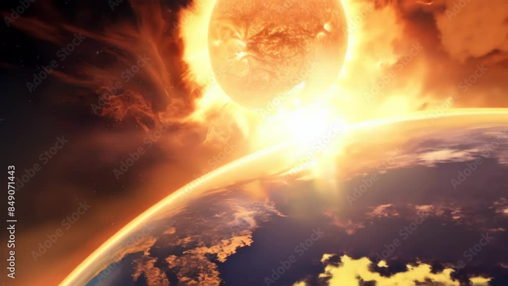 Poster Intense solar flare eruption near Earth illuminating the atmosphere with vibrant light. Dramatic depiction of space weather and its effects on our planet concept. Ideal for space exploration and scien
