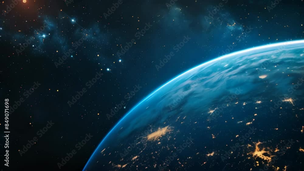 Poster captivating image of earth at night from space with illuminated city lights and the milky way in the