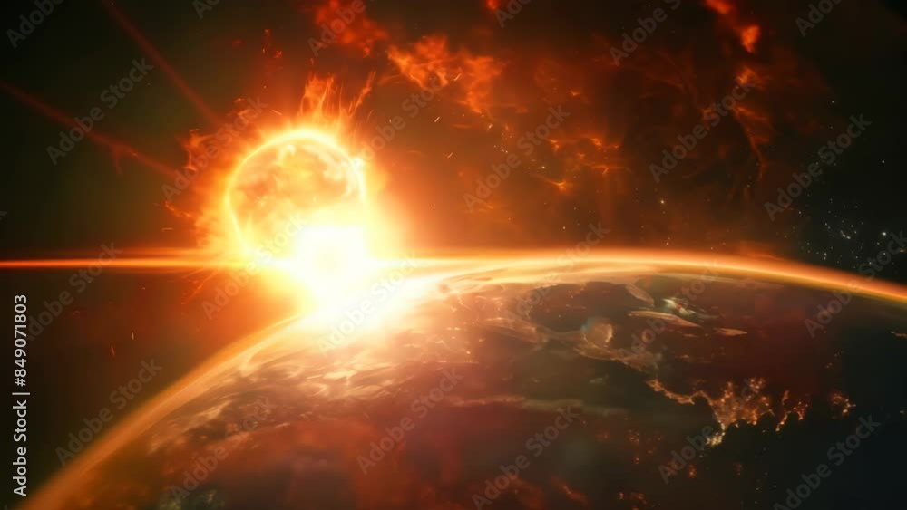 Poster spectacular view of a massive solar flare erupting near earth with glowing city lights visible. dram