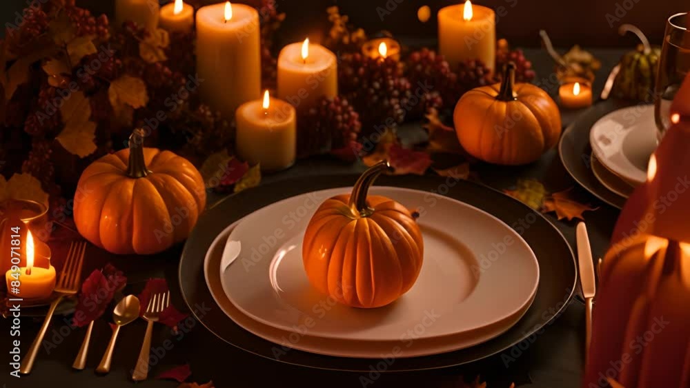 Aufkleber autumn table setting with pumpkins and candles generative ai