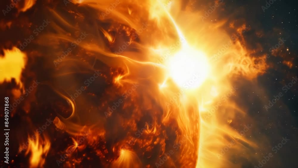 Poster Dynamic image of intense solar activity with swirling magnetic fields and flares on the sun's surface. Dramatic depiction of astrophysical phenomena and solar dynamics concept. Ideal for space researc