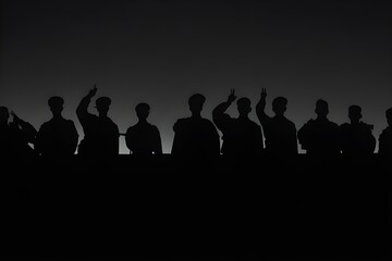 Fototapeta premium silhouette of a group of people in a row, Silhouette of a group of soldier in the forest at sunset