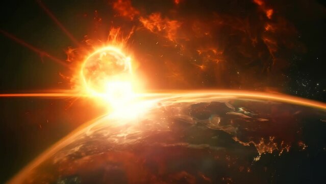 Spectacular view of a massive solar flare erupting near Earth with glowing city lights visible. Dramatic representation of space weather and its impact on our planet concept. Ideal for themes of space