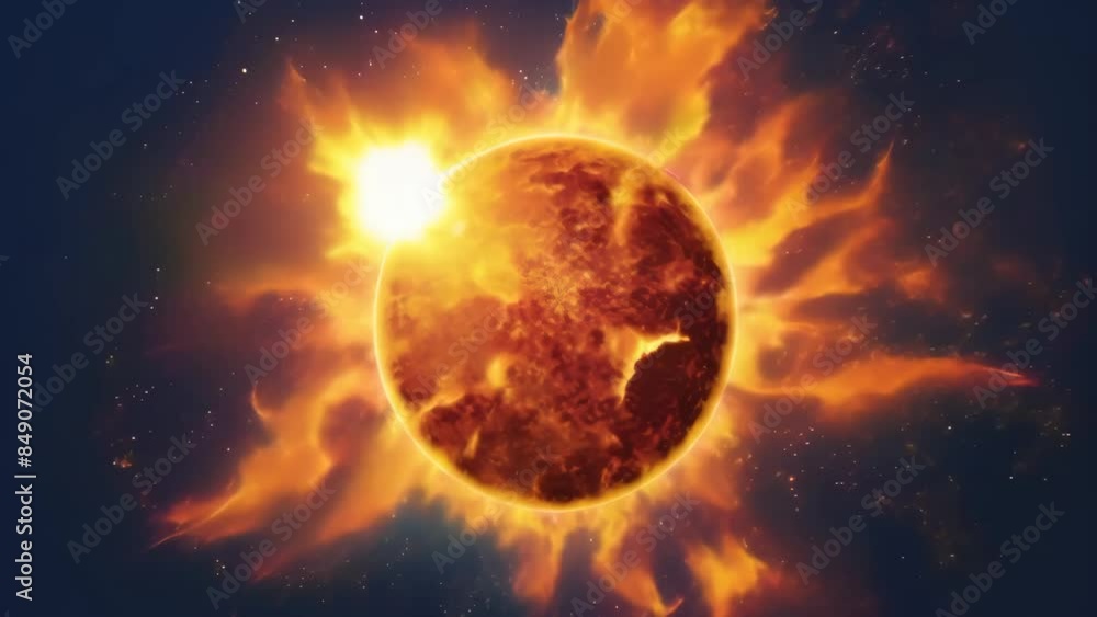 Poster Bright and dynamic image of the sun with intense solar flares and colorful cosmic background. Vivid depiction of solar activity and astrophysical phenomena concept. Ideal for space science and educati