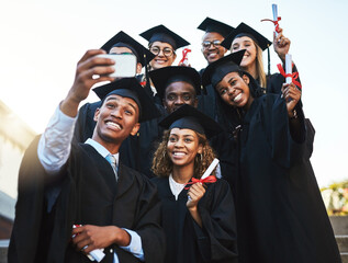 Certificate, graduation and selfie of student friends outdoor on campus together for ceremony or...