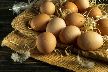 Fresh eggs covered with dew are laid out on burlap with feathers and straw before being cooked.