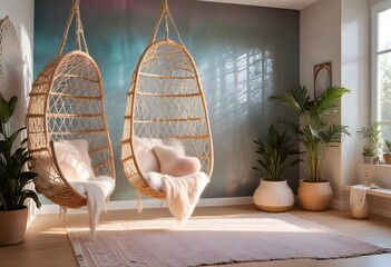 interior design style- reading nook with a hanging rattan chair, cozy floor pouf, and a macrame wall hanging