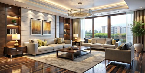 Modern Living Room with Large Windows and Wood Accents