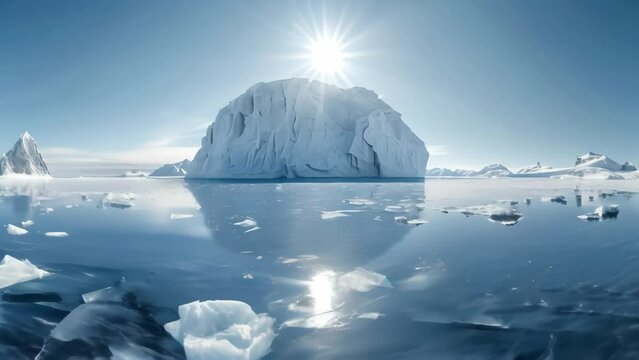 Breathtaking view of an icy landscape with towering icebergs and a bright sun in the sky. Stunning depiction of the Arctic environment and the beauty of nature concept. Ideal for themes of climate cha