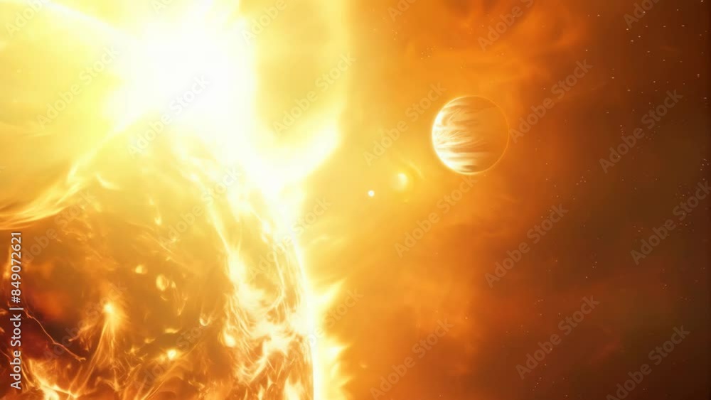 Poster Spectacular image of the sun with intense solar flares and a distant planet in the background. Powerful depiction of solar activity and cosmic phenomena concept. Ideal for space science and educationa