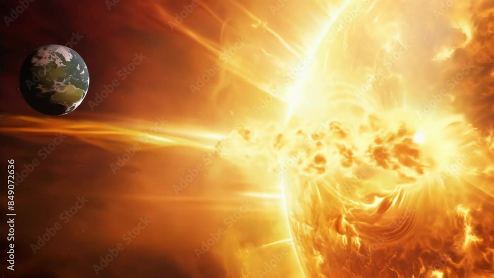 Poster dramatic view of the sun with a massive solar flare and earth in the background. powerful depiction 