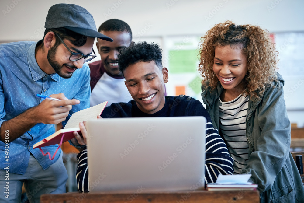 Fototapete People, e learning and diversity in university as students in college, school in class for assignment. Teamwork, group and collaboration with notes on laptop for exam, project or tutorial for science