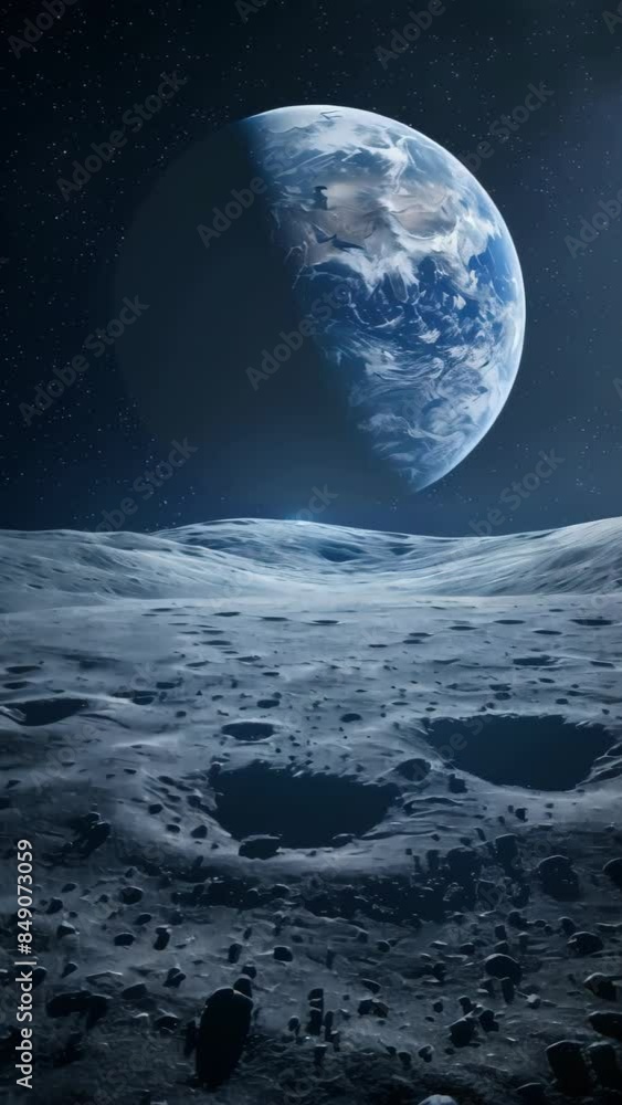 Poster breathtaking view of earth rising over the moon's surface. stunning representation of lunar landscap