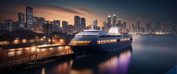 Fototapeta premium Rendering of a ferry approaching a dock in a port with numerous urban buildings in the background