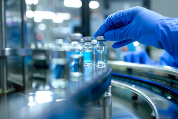 Medicine, vaccine concept, a hand wearing medical gloves is operating drugs on the assembly line