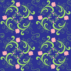 Obraz premium Vector seamless pattern - floral ornament, large wreaths of stylized flowers inside of which are the same small wreaths, decorative curls on a dark blue background.