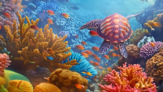 Underwater turtle life with colorful coral reefs, sea life fish and plants on the seabed background. Colorful coral reef landscape in the deep ocean