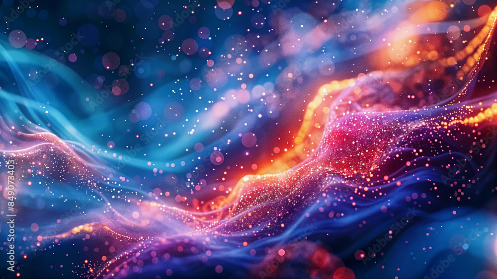 Poster abstract 3d background with swirling colorful glowing particles. generative ai