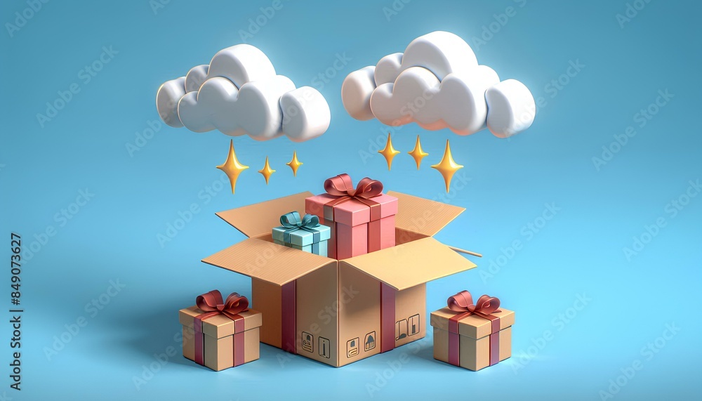 Poster 3d image shows an open cardboard box with several wrapped gifts inside. there are also clouds above 