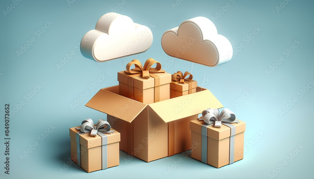 Poster 3d image shows an open cardboard box with several wrapped gifts inside. there are also clouds above 