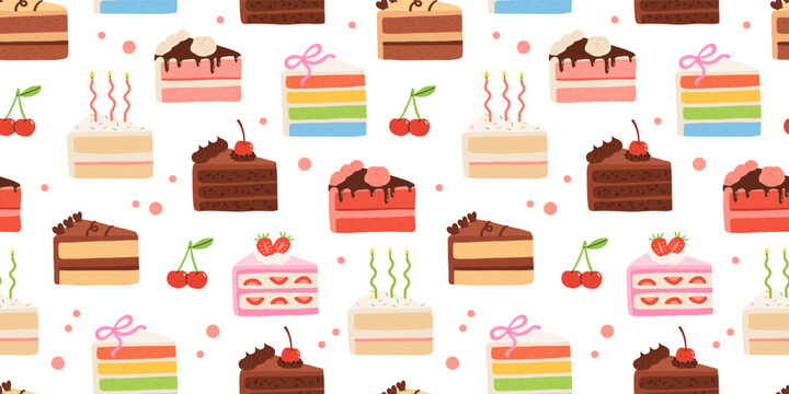 Birthday cake slices seamless pattern. Sweet holiday bakery pieces collection. Pastry chocolate fruit, berry dessert with candles for breakfast. Vector hand drawn flat cartoon illustration