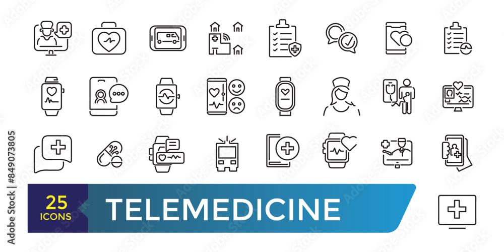 Wall mural telemedicine icon set. medical video consultation. remote health diagnosis. collection and pack of l