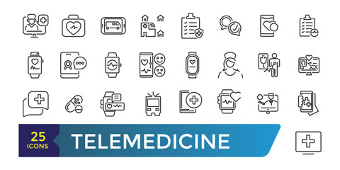 telemedicine icon set. Medical video consultation. Remote health diagnosis. Collection and pack of linear web and ui icons. Editable stroke. Vector illustration