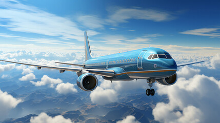 Obraz premium A commercial aircraft soars through blue skies, surrounded by breathtaking clouds in a stunning 3D-rendered background.