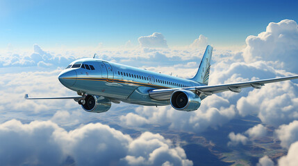 Obraz premium A commercial aircraft soars through blue skies, surrounded by breathtaking clouds in a stunning 3D-rendered background.