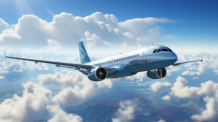 Fototapeta premium A commercial aircraft soars through blue skies, surrounded by breathtaking clouds in a stunning 3D-rendered background.