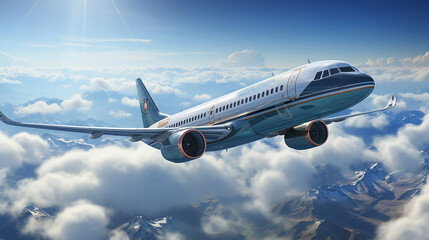 Obraz premium A commercial aircraft soars through blue skies, surrounded by breathtaking clouds in a stunning 3D-rendered background.