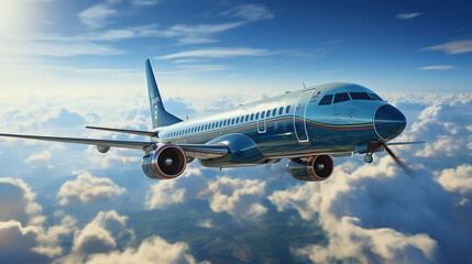 Fototapeta premium A commercial aircraft soars through blue skies, surrounded by breathtaking clouds in a stunning 3D-rendered background.