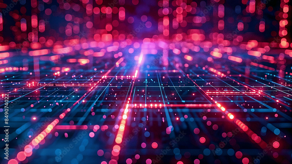Poster abstract neon mesh background with glowing lines and geometric patterns on a dark background. genera
